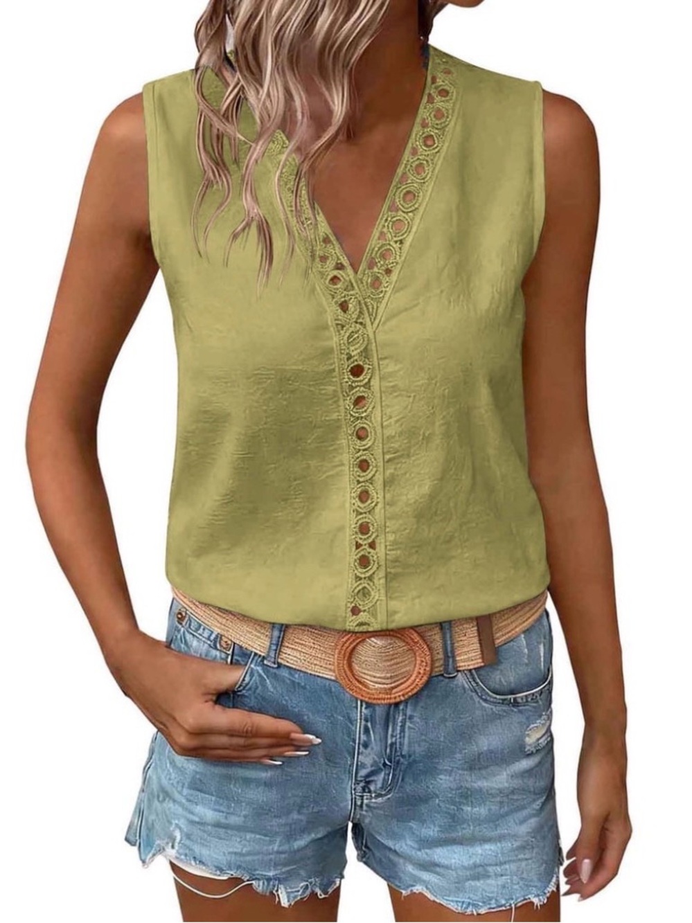 V-Neck Crochet Trim Sleeveless Camisole in Olive Green